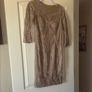 Sue Wong Taupe Sheath Dress with Cuffed 3/4 Sleeves